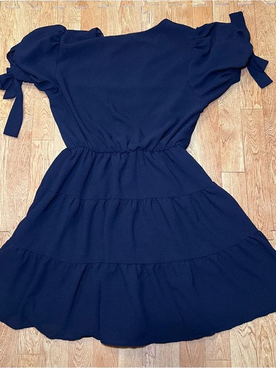 Altar'd State Navy V-Neck Tiered Mini Dress with Puff Sleeves - Picture 3 of 5